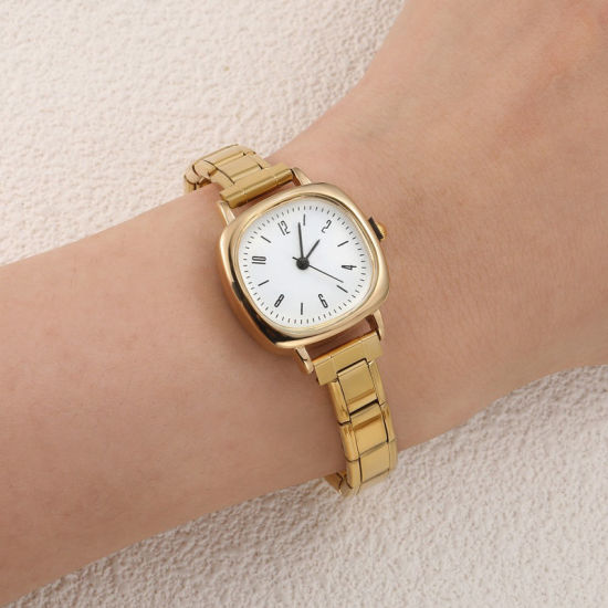 Bild von 1 Strang 304 Edelstahl Vergoldet Modulares Armbanduhr, Stilvoll & lässig Quadrat Weiß Unisex Geschenk 18.5cm lang