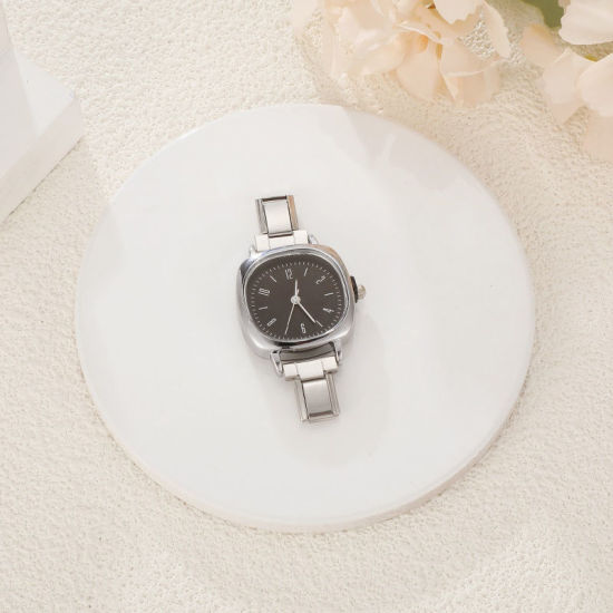 1 個 304ステンレス鋼 おしゃれでカジュアル DIYジュエリーメイキング用のイタリアンチャームリンクウォッチフェイス シルバートーン 黒 正方形 5.7cmx 2.5cm、 の画像