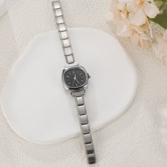 Bild von 1 Strang 304 Edelstahl Silberfarbe Modulares Armbanduhr, Stilvoll & lässig Quadrat Schwarz Unisex Geschenk 18.5cm lang