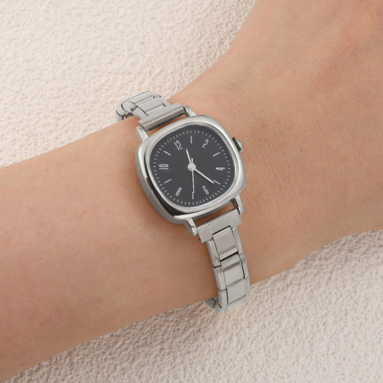 Bild von 1 Strang 304 Edelstahl Silberfarbe Modulares Armbanduhr, Stilvoll & lässig Quadrat Schwarz Unisex Geschenk 18.5cm lang