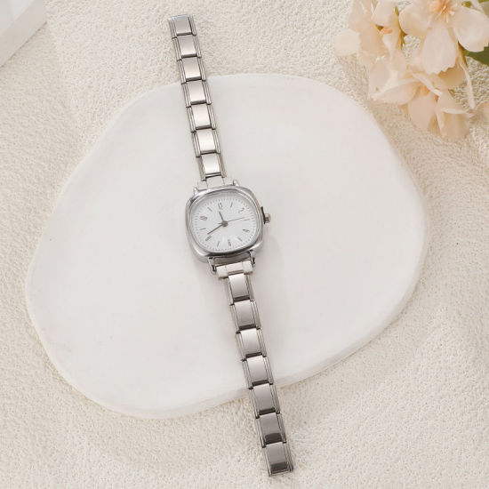 Bild von 1 Strang 304 Edelstahl Silberfarbe Modulares Armbanduhr, Stilvoll & lässig Quadrat Weiß Unisex Geschenk 18.5cm lang