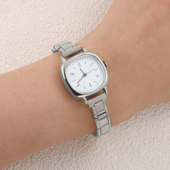 Bild von 1 Strang 304 Edelstahl Silberfarbe Modulares Armbanduhr, Stilvoll & lässig Quadrat Weiß Unisex Geschenk 18.5cm lang