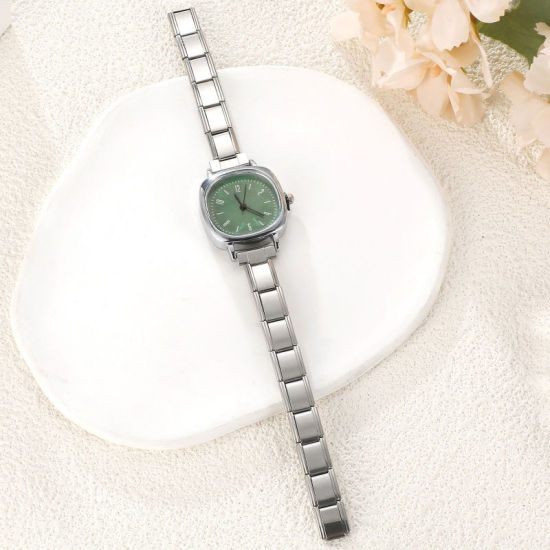 Bild von 1 Strang 304 Edelstahl Silberfarbe Modulares Armbanduhr, Stilvoll & lässig Quadrat Grün Unisex Geschenk 18.5cm lang