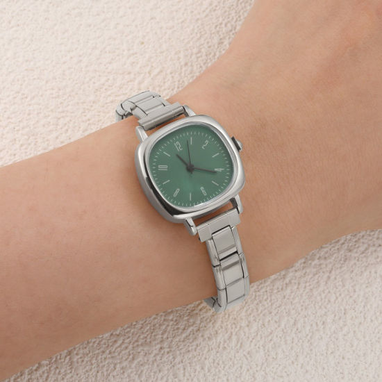 Bild von 1 Strang 304 Edelstahl Silberfarbe Modulares Armbanduhr, Stilvoll & lässig Quadrat Grün Unisex Geschenk 18.5cm lang