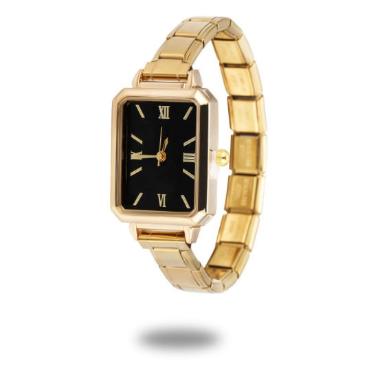 1 本 304ステンレス鋼 金メッキ イタリアンチャームリンクモジュール式腕時計、 おしゃれでカジュアル 八辺形 黒 ユニセックス 男女兼用 プレゼント 18.5cm 長さ の画像