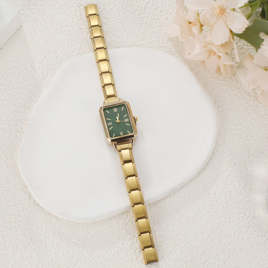 1 本 304ステンレス鋼 金メッキ イタリアンチャームリンクモジュール式腕時計、 おしゃれでカジュアル 八辺形 緑 ユニセックス 男女兼用 プレゼント 18.5cm 長さ の画像