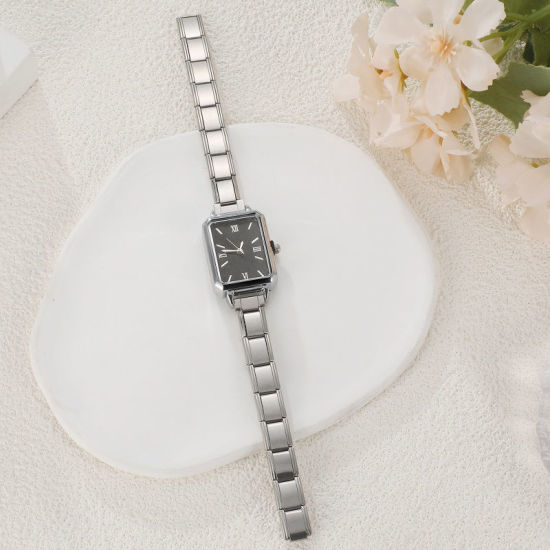 1 本 304ステンレス鋼 シルバートーン イタリアンチャームリンクモジュール式腕時計、 おしゃれでカジュアル 八辺形 黒 ユニセックス 男女兼用 プレゼント 18.5cm 長さ の画像