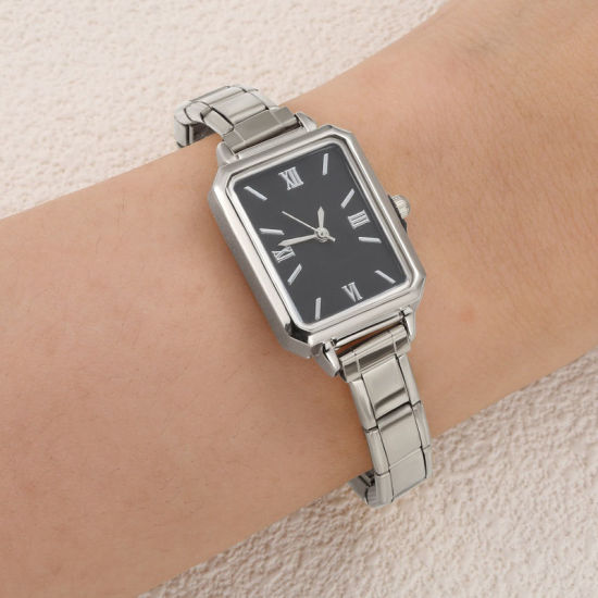 1 本 304ステンレス鋼 シルバートーン イタリアンチャームリンクモジュール式腕時計、 おしゃれでカジュアル 八辺形 黒 ユニセックス 男女兼用 プレゼント 18.5cm 長さ の画像