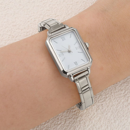 1 本 304ステンレス鋼 シルバートーン イタリアンチャームリンクモジュール式腕時計、 おしゃれでカジュアル 八辺形 白 ユニセックス 男女兼用 プレゼント 18.5cm 長さ の画像