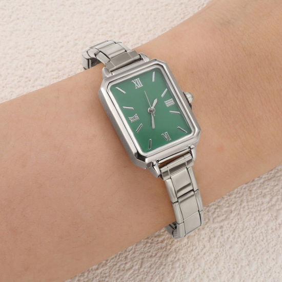 1 本 304ステンレス鋼 シルバートーン イタリアンチャームリンクモジュール式腕時計、 おしゃれでカジュアル 八辺形 緑 ユニセックス 男女兼用 プレゼント 18.5cm 長さ の画像