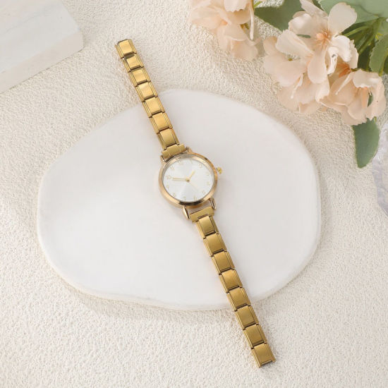 Bild von 1 Strang 304 Edelstahl Vergoldet Modulares Armbanduhr, Stilvoll & lässig Rund Weiß Unisex Geschenk 18.5cm lang