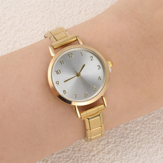 Bild von 1 Strang 304 Edelstahl Vergoldet Modulares Armbanduhr, Stilvoll & lässig Rund Weiß Unisex Geschenk 18.5cm lang