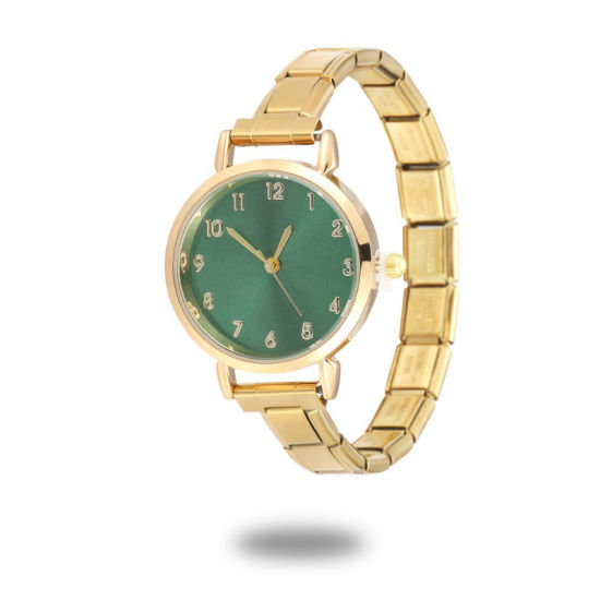 Bild von 1 Strang 304 Edelstahl Vergoldet Modulares Armbanduhr, Stilvoll & lässig Rund Grün Unisex Geschenk 18.5cm lang