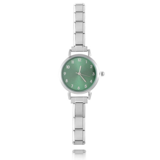 Bild von 1 Strang 304 Edelstahl Silberfarbe Modulares Armbanduhr, Stilvoll & lässig Rund Grün Unisex Geschenk 18.5cm lang