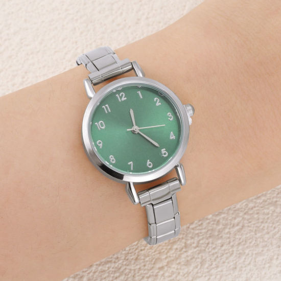 Bild von 1 Strang 304 Edelstahl Silberfarbe Modulares Armbanduhr, Stilvoll & lässig Rund Grün Unisex Geschenk 18.5cm lang