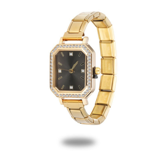 Image de 1 Pièce Montre-bracelet Modulaire à Maillons de Pendentifs Italiens en 304 Acier Inoxydable Doré, Élégant & Décontracté Octogone Noir Unisexe Cadeau 18.5cm long