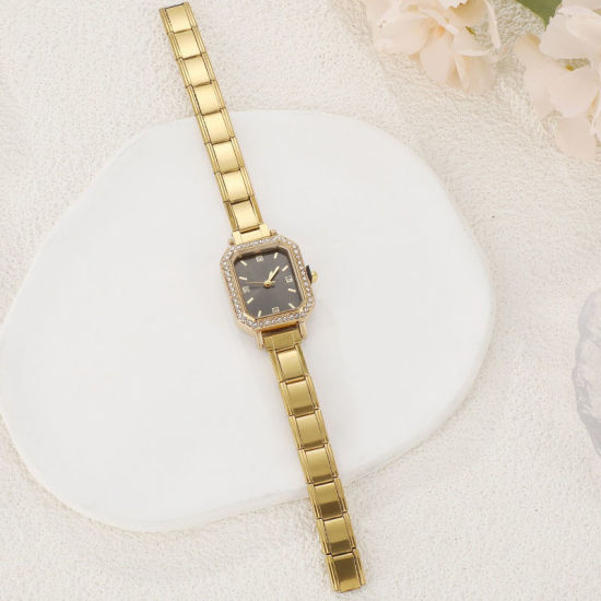 Image de 1 Pièce Montre-bracelet Modulaire à Maillons de Pendentifs Italiens en 304 Acier Inoxydable Doré, Élégant & Décontracté Octogone Noir Unisexe Cadeau 18.5cm long