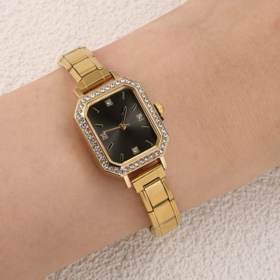 Image de 1 Pièce Montre-bracelet Modulaire à Maillons de Pendentifs Italiens en 304 Acier Inoxydable Doré, Élégant & Décontracté Octogone Noir Unisexe Cadeau 18.5cm long