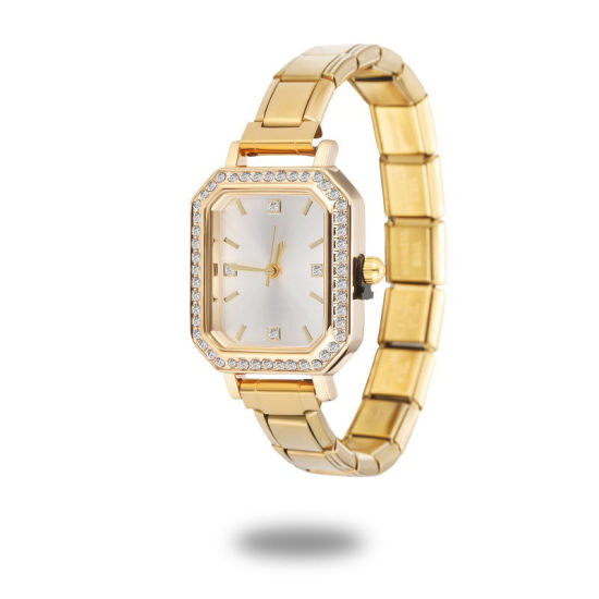 Image de 1 Pièce Montre-bracelet Modulaire à Maillons de Pendentifs Italiens en 304 Acier Inoxydable Doré, Élégant & Décontracté Octogone Blanc Unisexe Cadeau 18.5cm long