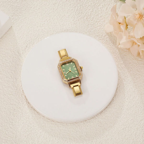 Изображение 1 ШТ 304 Нержавеющая Сталь Стильный & Стильный и повседневный Лицо часов с итальянскими чармами для изготовления украшений своими руками Позолоченный Зеленый Восьмиугольник Прозрачный Стразы 5.7см x 2.5см