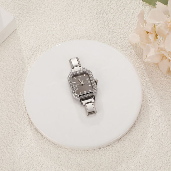 Изображение 1 ШТ 304 Нержавеющая Сталь Стильный & Стильный и повседневный Лицо часов с итальянскими чармами для изготовления украшений своими руками Серебряный Тон Черный Восьмиугольник Прозрачный Стразы 5.7см x 2.5см