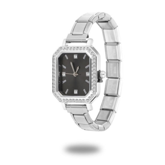 Image de 1 Pièce Montre-bracelet Modulaire à Maillons de Pendentifs Italiens en 304 Acier Inoxydable Argent Mat, Élégant & Décontracté Octogone Noir Unisexe Cadeau 18.5cm long