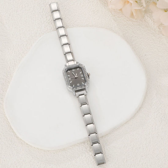 Image de 1 Pièce Montre-bracelet Modulaire à Maillons de Pendentifs Italiens en 304 Acier Inoxydable Argent Mat, Élégant & Décontracté Octogone Noir Unisexe Cadeau 18.5cm long