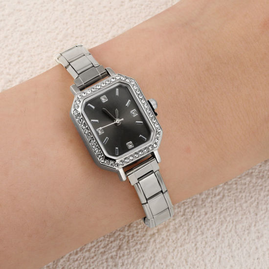 Image de 1 Pièce Montre-bracelet Modulaire à Maillons de Pendentifs Italiens en 304 Acier Inoxydable Argent Mat, Élégant & Décontracté Octogone Noir Unisexe Cadeau 18.5cm long