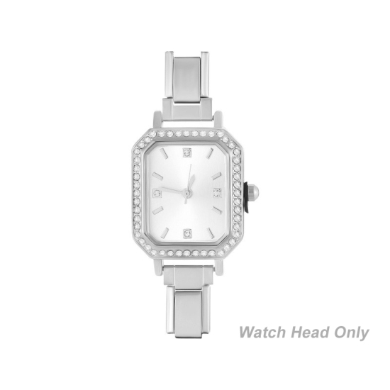Изображение 1 ШТ 304 Нержавеющая Сталь Стильный & Стильный и повседневный Лицо часов с итальянскими чармами для изготовления украшений своими руками Серебряный Тон Белый Восьмиугольник Прозрачный Стразы 5.7см x 2.5см