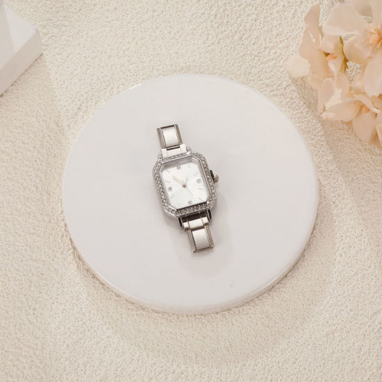 Изображение 1 ШТ 304 Нержавеющая Сталь Стильный & Стильный и повседневный Лицо часов с итальянскими чармами для изготовления украшений своими руками Серебряный Тон Белый Восьмиугольник Прозрачный Стразы 5.7см x 2.5см