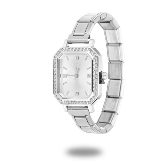 Image de 1 Pièce Montre-bracelet Modulaire à Maillons de Pendentifs Italiens en 304 Acier Inoxydable Argent Mat, Élégant & Décontracté Octogone Blanc Unisexe Cadeau 18.5cm long
