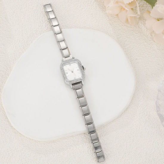 Image de 1 Pièce Montre-bracelet Modulaire à Maillons de Pendentifs Italiens en 304 Acier Inoxydable Argent Mat, Élégant & Décontracté Octogone Blanc Unisexe Cadeau 18.5cm long