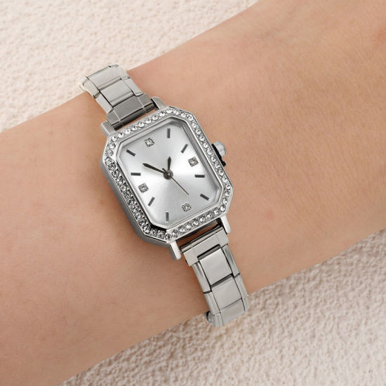 Image de 1 Pièce Montre-bracelet Modulaire à Maillons de Pendentifs Italiens en 304 Acier Inoxydable Argent Mat, Élégant & Décontracté Octogone Blanc Unisexe Cadeau 18.5cm long