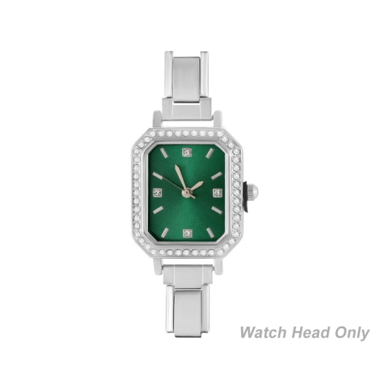 Изображение 1 ШТ 304 Нержавеющая Сталь Стильный & Стильный и повседневный Лицо часов с итальянскими чармами для изготовления украшений своими руками Серебряный Тон Зеленый Восьмиугольник Прозрачный Стразы 5.7см x 2.5см