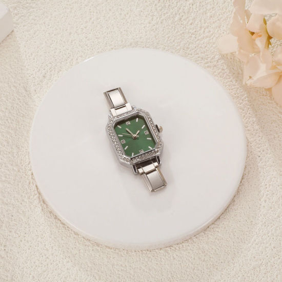 Изображение 1 ШТ 304 Нержавеющая Сталь Стильный & Стильный и повседневный Лицо часов с итальянскими чармами для изготовления украшений своими руками Серебряный Тон Зеленый Восьмиугольник Прозрачный Стразы 5.7см x 2.5см