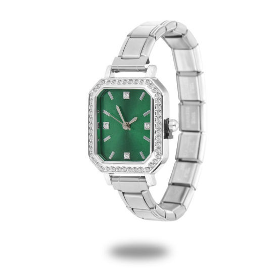 Image de 1 Pièce Montre-bracelet Modulaire à Maillons de Pendentifs Italiens en 304 Acier Inoxydable Argent Mat, Élégant & Décontracté Octogone Vert Unisexe Cadeau 18.5cm long