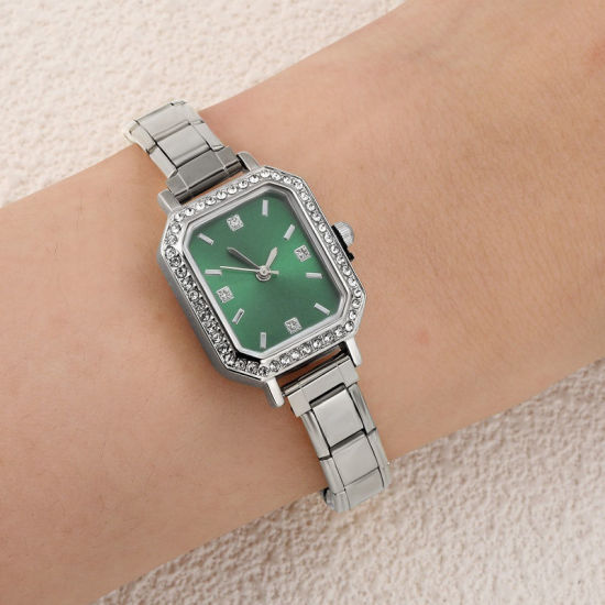Image de 1 Pièce Montre-bracelet Modulaire à Maillons de Pendentifs Italiens en 304 Acier Inoxydable Argent Mat, Élégant & Décontracté Octogone Vert Unisexe Cadeau 18.5cm long