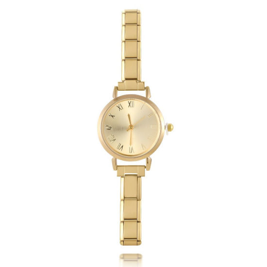 Picture of 1 Piece 304 Stainless Steel Gold Plated Italian Charm Links Modular Wrist Watch, Stylish & Casual Round Yellow Unisex Gift 18.5cm(7 2/8") long