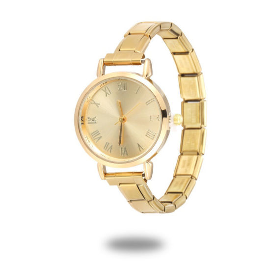 Picture of 1 Piece 304 Stainless Steel Gold Plated Italian Charm Links Modular Wrist Watch, Stylish & Casual Round Yellow Unisex Gift 18.5cm(7 2/8") long