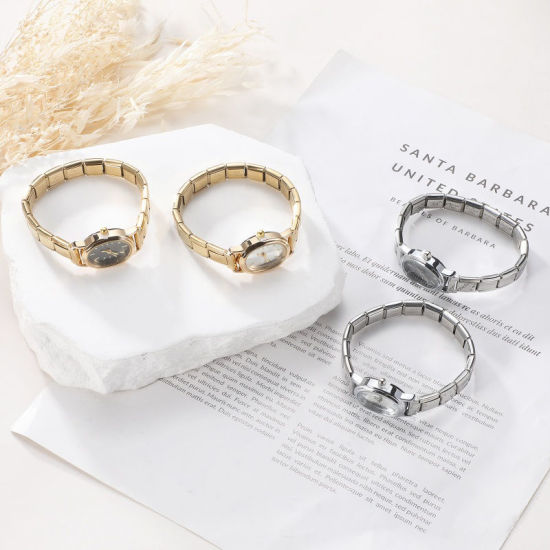 Picture of 1 Piece 304 Stainless Steel Gold Plated Italian Charm Links Modular Wrist Watch, Stylish & Casual Round Yellow Unisex Gift 18.5cm(7 2/8") long