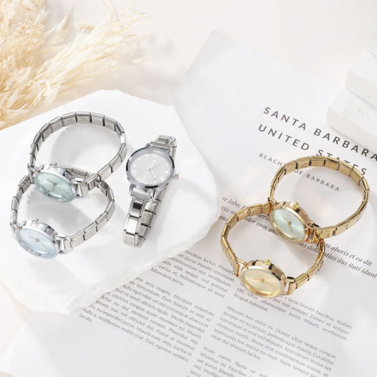 Picture of 1 Piece 304 Stainless Steel Gold Plated Italian Charm Links Modular Wrist Watch, Stylish & Casual Round Yellow Unisex Gift 18.5cm(7 2/8") long