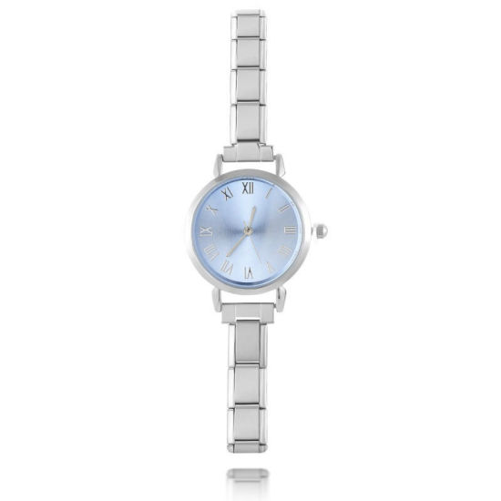 Picture of 1 Piece 304 Stainless Steel Silver Tone Italian Charm Links Modular Wrist Watch, Stylish & Casual Round Skyblue Unisex Gift 18.5cm(7 2/8") long