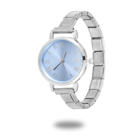 Picture of 1 Piece 304 Stainless Steel Silver Tone Italian Charm Links Modular Wrist Watch, Stylish & Casual Round Skyblue Unisex Gift 18.5cm(7 2/8") long