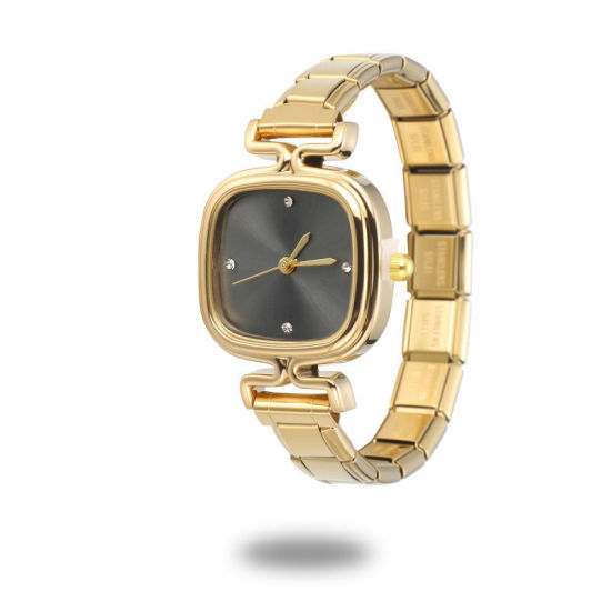 Image de 1 Pièce Montre-bracelet Modulaire à Maillons de Pendentifs Italiens en 304 Acier Inoxydable Doré, Élégant & Décontracté Carré Noir Unisexe Cadeau 18.5cm long