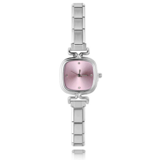 Image de 1 Pièce Montre-bracelet Modulaire à Maillons de Pendentifs Italiens en 304 Acier Inoxydable Argent Mat, Élégant & Décontracté Carré Rose Unisexe Cadeau 18.5cm long