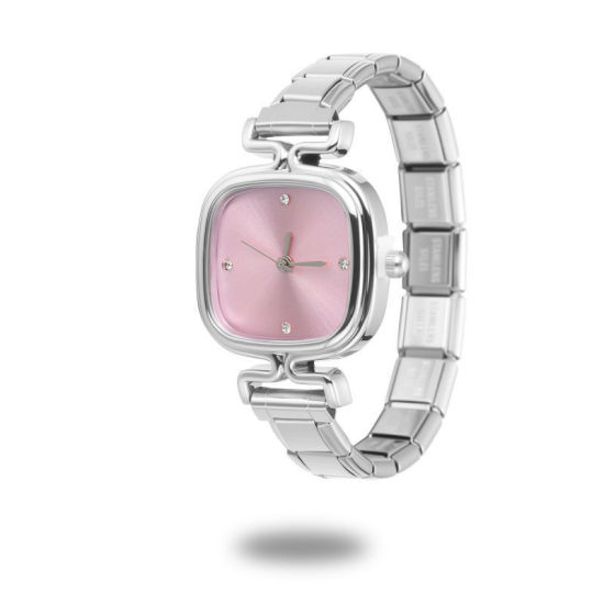 Image de 1 Pièce Montre-bracelet Modulaire à Maillons de Pendentifs Italiens en 304 Acier Inoxydable Argent Mat, Élégant & Décontracté Carré Rose Unisexe Cadeau 18.5cm long