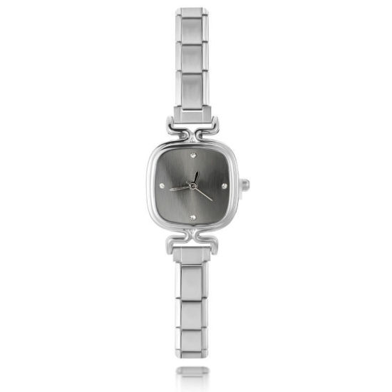 Image de 1 Pièce Montre-bracelet Modulaire à Maillons de Pendentifs Italiens en 304 Acier Inoxydable Argent Mat, Élégant & Décontracté Carré Noir Unisexe Cadeau 18.5cm long