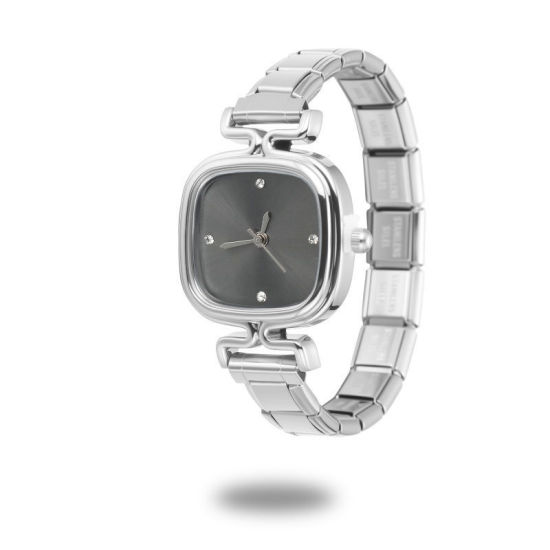 Image de 1 Pièce Montre-bracelet Modulaire à Maillons de Pendentifs Italiens en 304 Acier Inoxydable Argent Mat, Élégant & Décontracté Carré Noir Unisexe Cadeau 18.5cm long