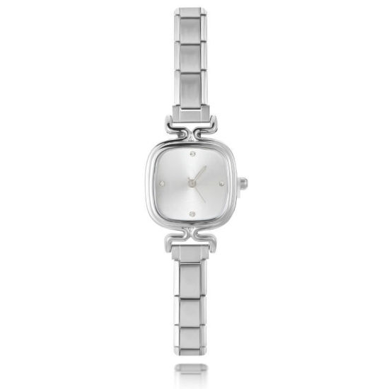Image de 1 Pièce Montre-bracelet Modulaire à Maillons de Pendentifs Italiens en 304 Acier Inoxydable Argent Mat, Élégant & Décontracté Carré Blanc Unisexe Cadeau 18.5cm long