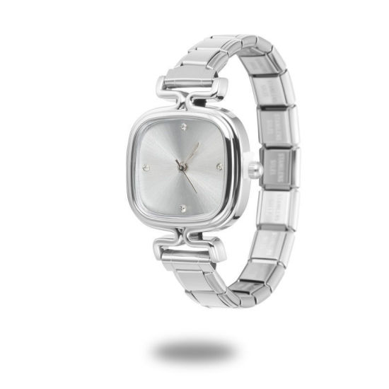Image de 1 Pièce Montre-bracelet Modulaire à Maillons de Pendentifs Italiens en 304 Acier Inoxydable Argent Mat, Élégant & Décontracté Carré Blanc Unisexe Cadeau 18.5cm long